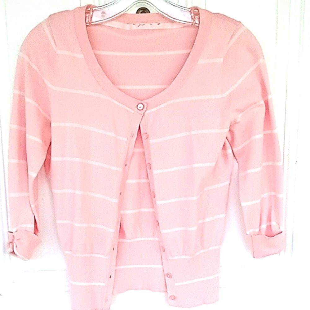 light Pink and White Striped Cardigan Sweater Princess Cut